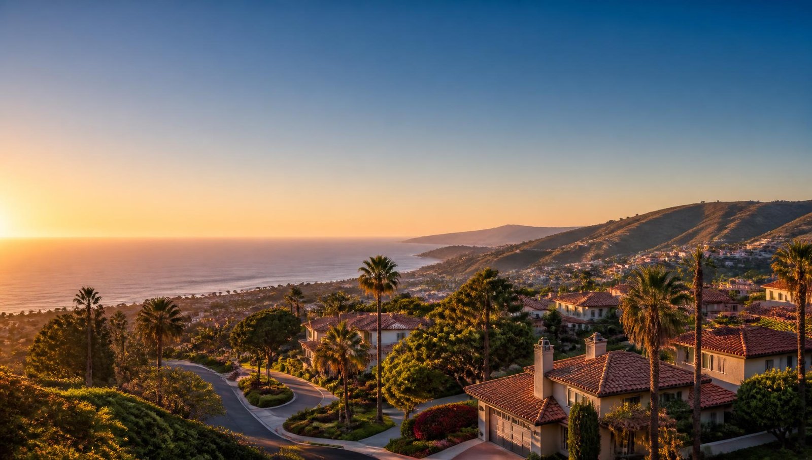 Coastal South Orange County hillside neighborhood at golden hour